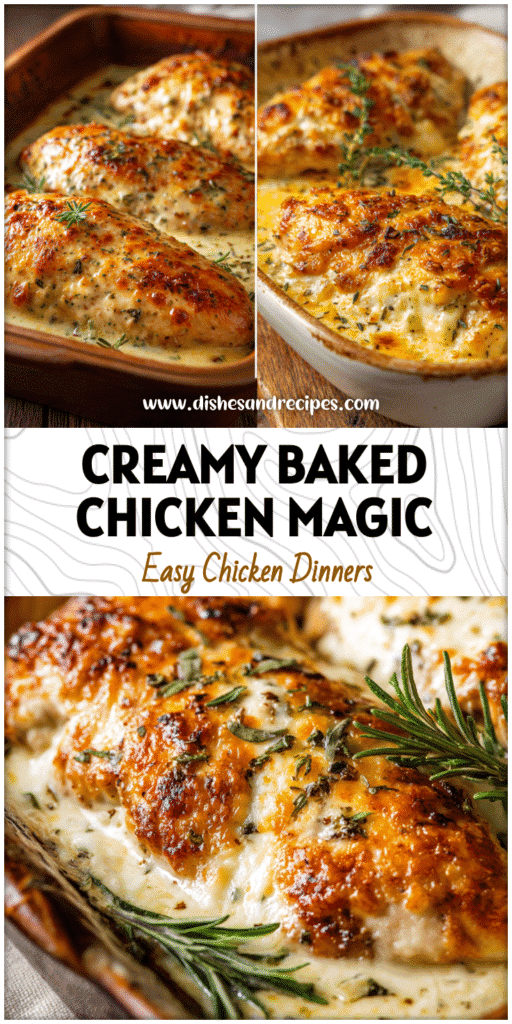 Golden baked boneless chicken breasts topped with creamy cheese sauce in a rustic casserole dish.